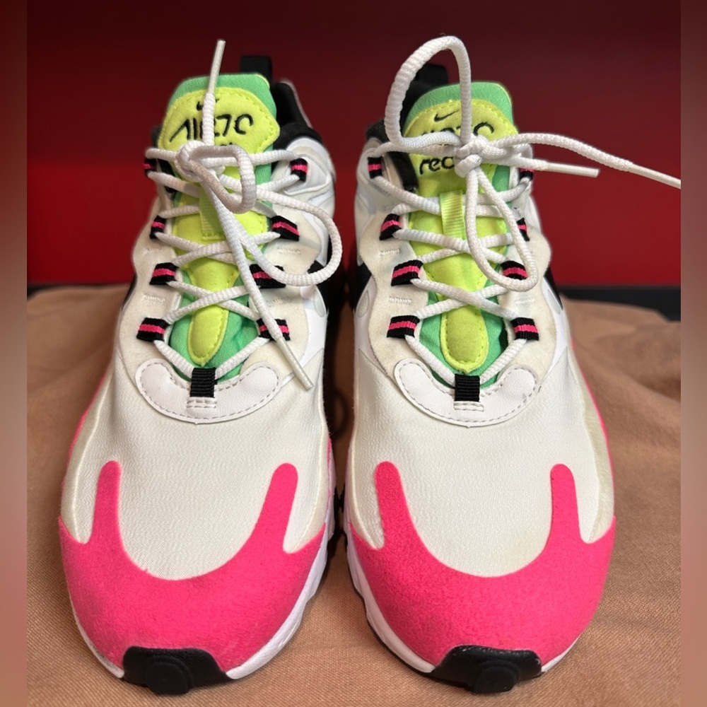 Nike Air Max 270 React White with Pink, Black, Yellow and Green Women’s Size 7.5